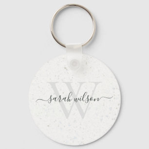Elegant Script Terrazzo Stone Ivory Grey Monogram Key Ring