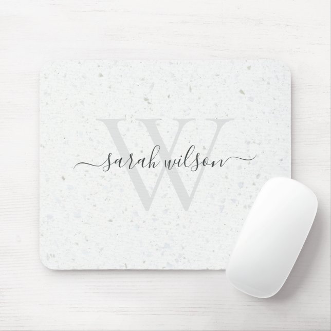 Elegant Script Terrazzo Stone Ivory Grey Monogram Mouse Pad (With Mouse)