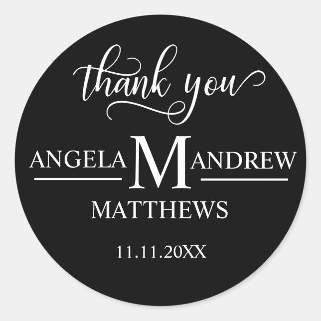 Elegant Script Thank You | Black & White Wedding Classic Round Sticker (Front)
