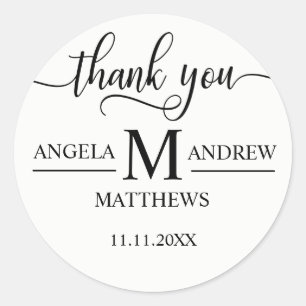 Elegant Script Thank You   Black & White Wedding Classic Round Sticker