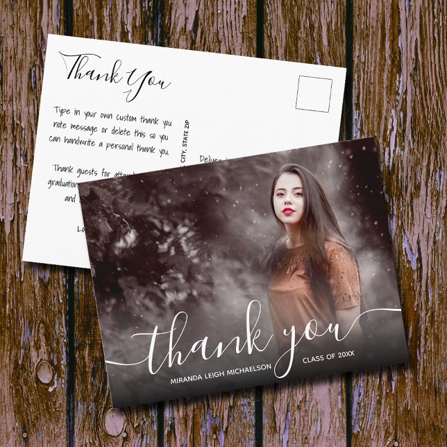 Elegant Script Thank You Photo Graduation Postcard (Graduation thank you postcards feature your photo on the front and your message on the back)