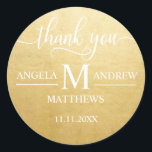 Elegant Script Thank You White Gold Wedding Classic Round Sticker<br><div class="desc">Simply elegant are these wedding stickers. Faux Gold Foil  - perfect for that modern wedding theme. Bride and groom's  names with last name and monogram initial.   Editable templates - add your text.  Contact designer for other variations.</div>