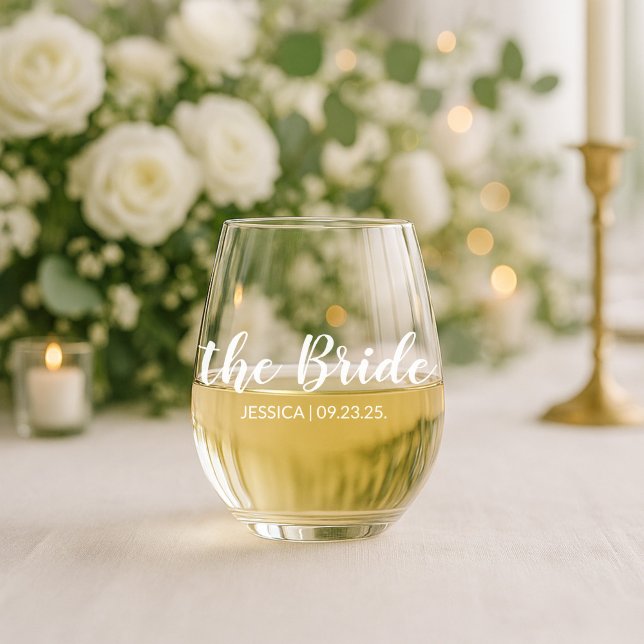 Elegant Script The Bride Personalised Wedding Wine Stemless Wine Glass (Creator Uploaded)