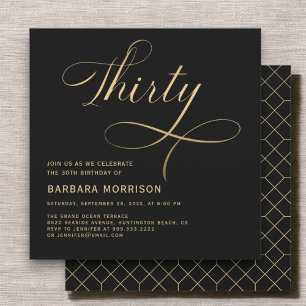 Elegant Script Thirty Black Gold 30th Birthday Invitation
