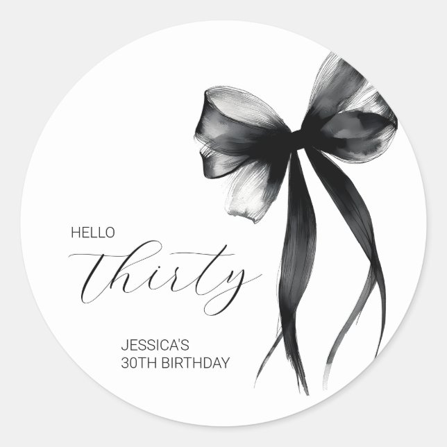 Elegant Script Thirty Bow 30th Birthday Party Classic Round Sticker (Front)