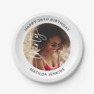 Elegant Script Thirty Photo 30th Birthday Paper Plate