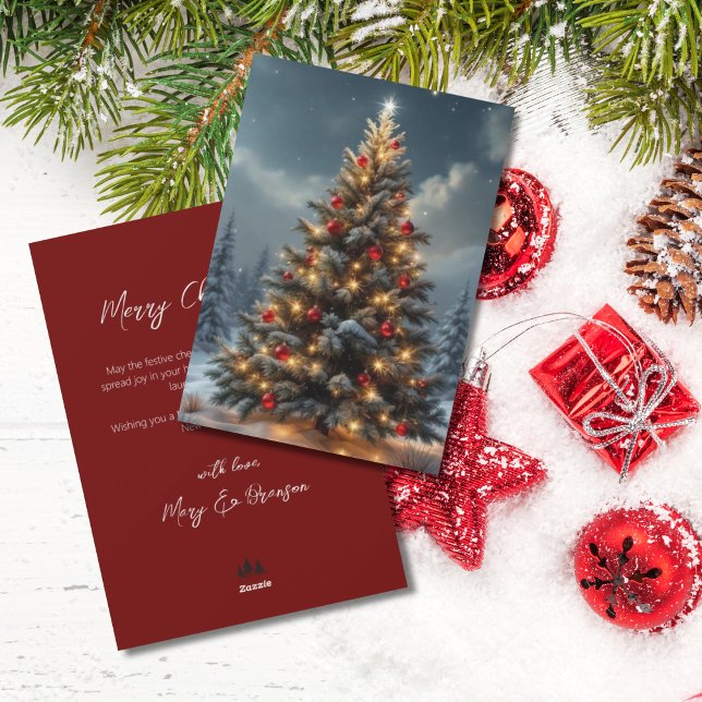 Elegant Script Tree Non Photo Red Christmas Holiday Card (Winter Christmas Tree with Red Ornaments)