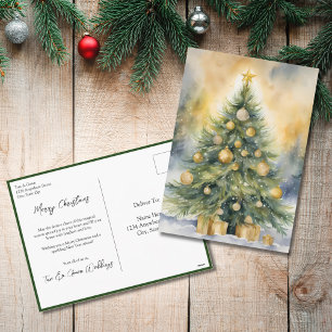 Elegant Script Tree Non Photo Watercolor Christmas Holiday Postcard