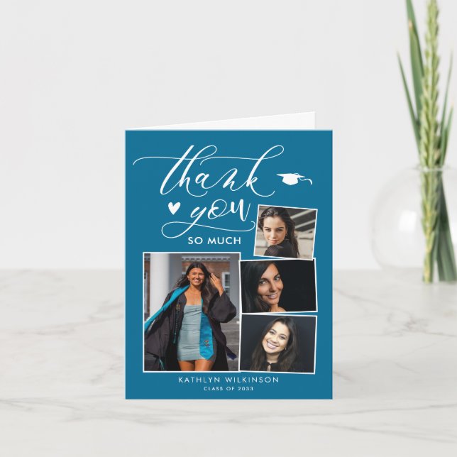 Elegant Script Turquoise 4 Photo Chic Graduation Thank You Card (Front)