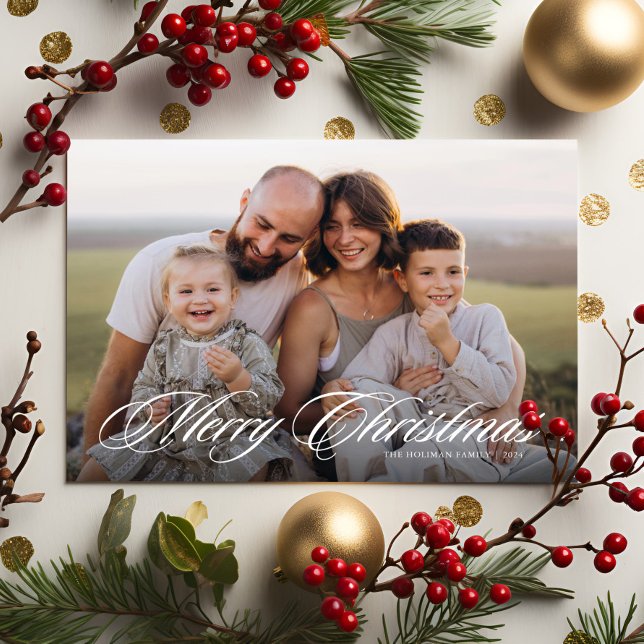 Elegant Script Two Photo Merry Christmas Holiday Card (Creator Uploaded)