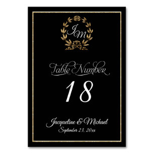 Elegant Script Typography Black Gold Wreath Table Number