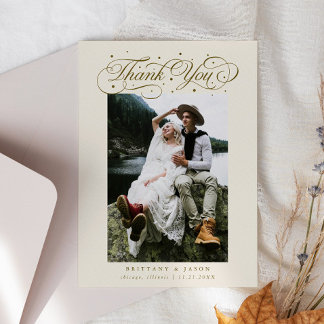 Elegant Script Typography Dots Wedding Photo Beige Thank You Card