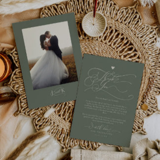 Elegant Script Typography Green Wedding Thank You Card