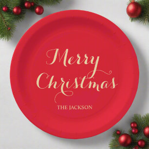 Elegant Script Typography Merry Christmas Red Paper Plate
