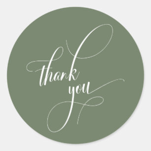 Elegant Script Typography Thank You Olive Green Classic Round Sticker
