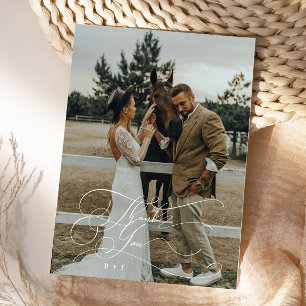 Elegant Script Typography Thank You Wedding Photo Card