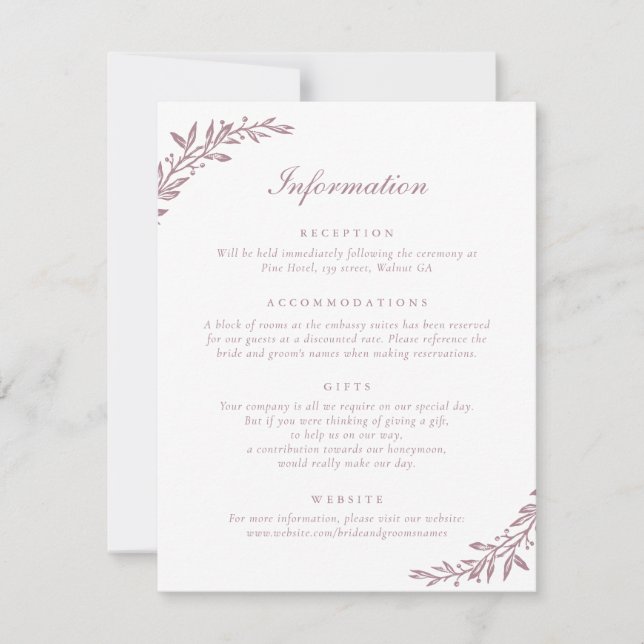 Elegant Script Vintage Olive Leaf Wedding Details Invitation (Front)