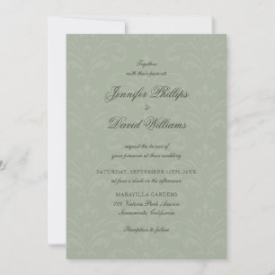 Elegant Script Vintage Sage Green Damask Wedding Invitation