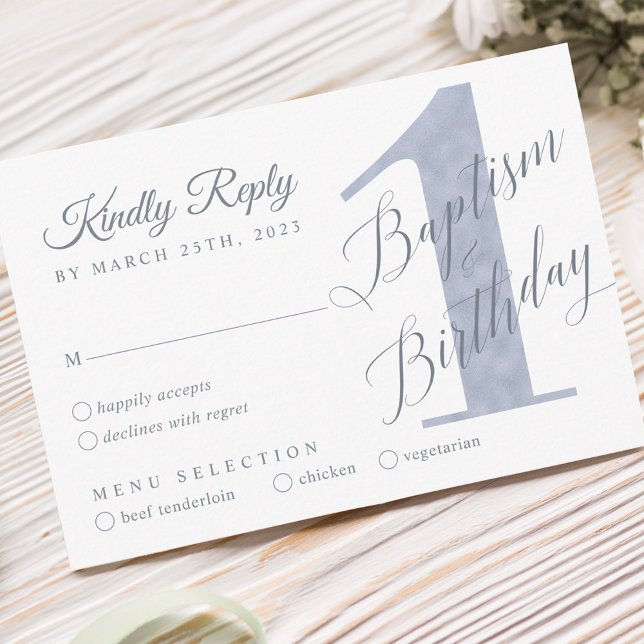 Elegant Script Violet Baby's 1st Birthday Baptism RSVP Card (Elegant Script Violet Baby's 1st Birthday Baptism RSVP Card)