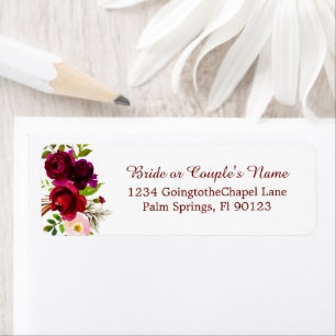 Elegant Script Watercolor Burgundy Floral Return Address Label