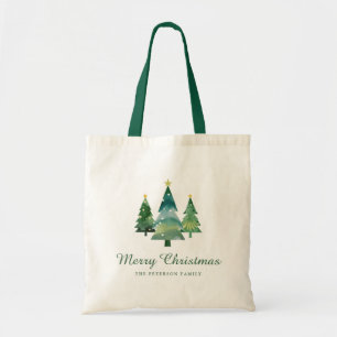 Elegant Script Watercolor Christmas Trees Tote Bag
