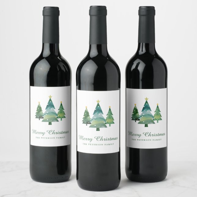 Elegant Script Watercolor Christmas Trees Wine Label (Bottles)