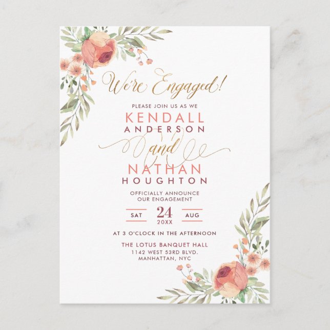 Elegant Script Watercolor Floral Engagement Party Invitation Postcard (Front)