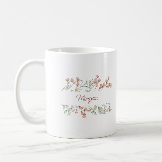 Elegant Script Watercolor Floral Personalised Coffee Mug (Left)