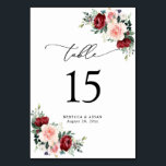 Elegant Script Watercolor Floral Table Number<br><div class="desc">Designed to coordinate with our Romantic Blooms collection,  this customisable Table Number Card features watercolor burgundy and blush florals with greenery leaves and paired with a stylish script & classy serif font in black. To make advanced changes,  go to "Edit using Design Tool" option under Personalise this template.</div>