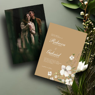 Elegant Script Watercolor Floral Wedding Photo Invitation