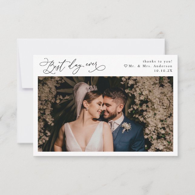 Elegant Script Watercolor Greenery Wedding Photo Thank You Card (Front)
