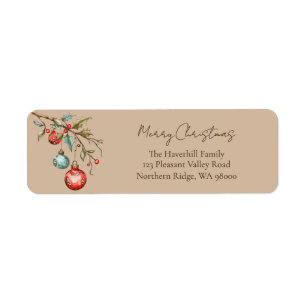Elegant Script Watercolor Ornaments Christmas Return Address Label