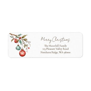 Elegant Script Watercolor Ornaments Christmas Return Address Label