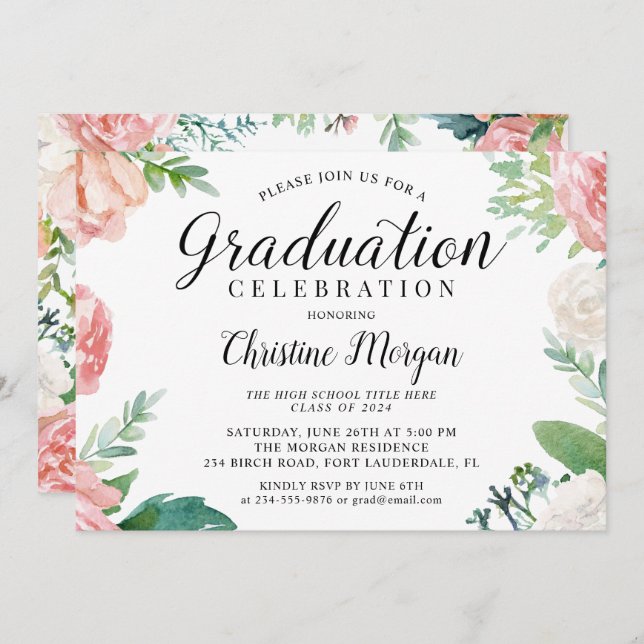Elegant Script Watercolor Peach Floral Graduation Invitation (Front/Back)