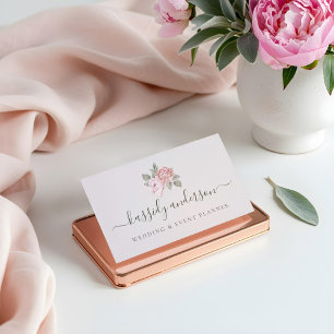Elegant Script Watercolor Pink Botanical Peony Business Card