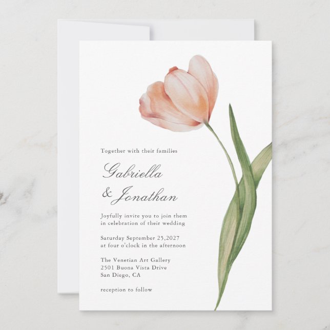 Elegant Script Watercolor Tulip Wedding Invitation (Front)