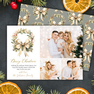 Elegant Script Watercolor Wreath Gold Bow 3 Photo Holiday Card