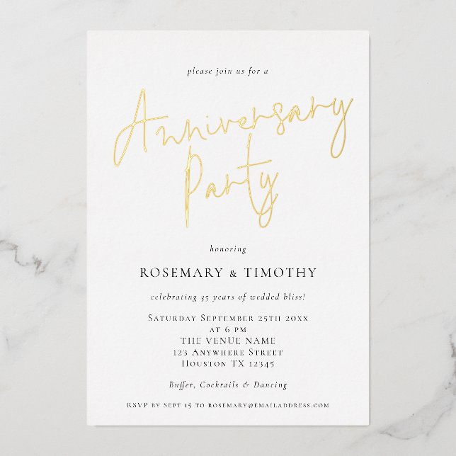 Elegant Script Wedding Anniversary Party  Foil Holiday Card (Front)