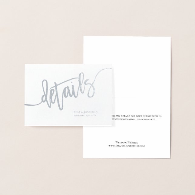 Elegant Script Wedding Details Enclosure Silver Foil Card (Display)