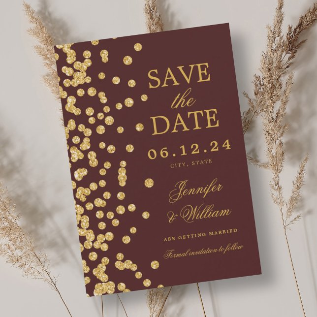 Elegant Script Wedding Gold Confetti Burgundy  Save The Date (Elegant Script Wedding Gold Confetti Burgundy Save The Date)