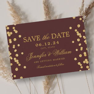 Elegant Script Wedding Gold Confetti Burgundy Save The Date