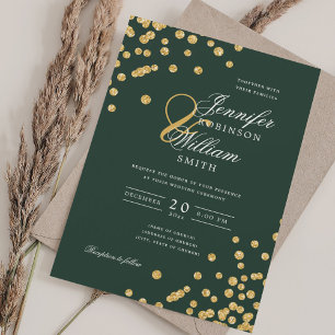 Elegant Script Wedding Gold Confetti Emerald Green Invitation