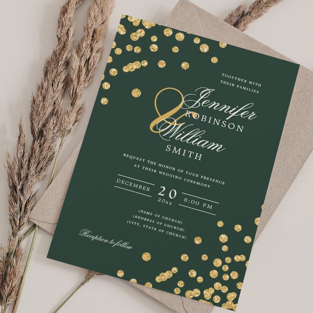 Elegant Script Wedding Gold Confetti Emerald Green Invitation (Elegant Script Wedding Gold Confetti Emerald Green Invitation)