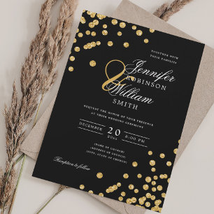 Elegant Script Wedding Gold Confetti QR RSVP Black Invitation