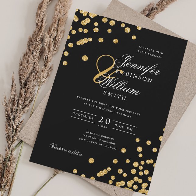 Elegant Script Wedding Gold Confetti QR RSVP Black Invitation (Elegant Script Wedding Gold Confetti QR RSVP Black Invitation)