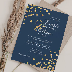 Elegant Script Wedding Gold Glitter Confetti Navy  Invitation