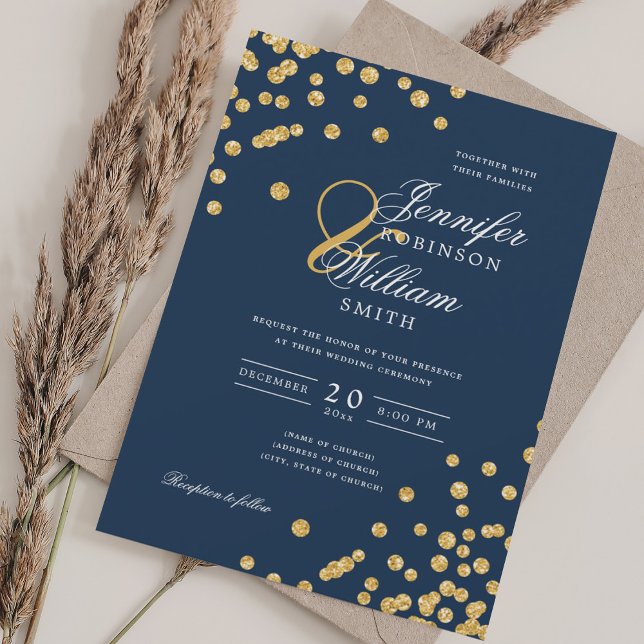 Elegant Script Wedding Gold Glitter Confetti Navy  Invitation (Elegant Script Wedding Gold Glitter Confetti Navy Invitation)