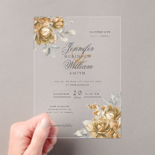 Elegant Script Wedding Gold Natural Rustic Floral Acrylic Invitations
