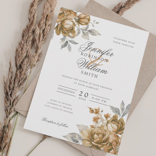 Elegant Script Wedding Gold Natural Rustic Floral  Invitation (Elegant Script Wedding Gold Natural Rustic Floral Invitation)