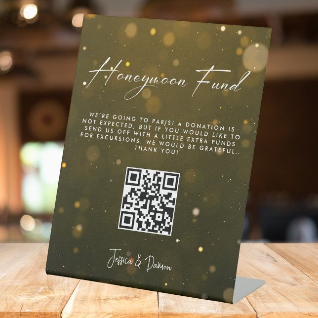 Elegant Script Wedding Honeymoon Fund QR Code Pedestal Sign (Creator Uploaded)
